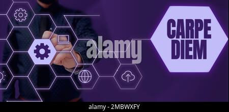 Text wird angezeigt Carpe Diem. Business Idea Public Festival, bei dem Menschen Musik und Tanz spielen Stockfoto
