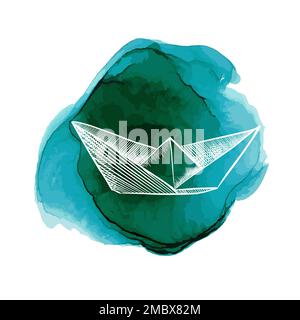 Das Objekt ist ein Papierboot auf einem Aquarellblot. Vektordarstellung Stock Vektor