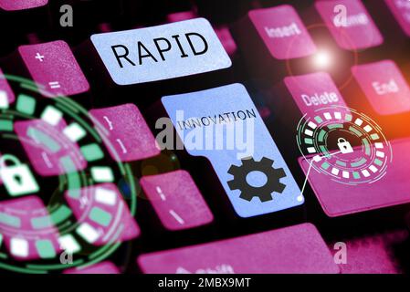 Handgeschriebenes Schild Rapid Innovation. Wort für Merkmal einer Website, die Suchmaschinenalgorithmen verwendet Stockfoto