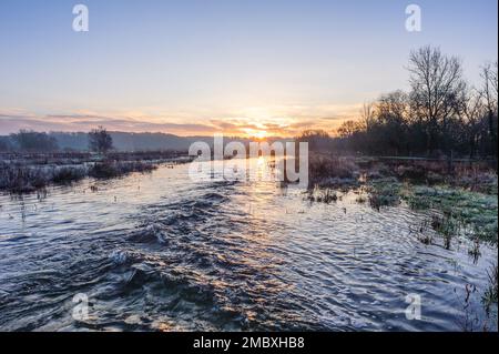 Burgate, Fordingbridge, Hampshire, England, Großbritannien, 21. Januar 2023, Wetter: Überschwemmungen und Frost bei Sonnenaufgang auf dem Fußweg des Avon-Tals durch Ackerland in Richtung New Forest. Die Route ist aufgrund des Hochwassers unpassierbar. Kredit: Paul Biggins/Alamy Live News Stockfoto