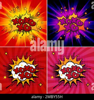 Lustige Retro Cloud Explosion Burst Boom Gepunkteter Effekt Xoxo Zitat Humorvolle Halftone Comic Speech Bubble Design Popart Farbenfroher Hintergrund-Set Stock Vektor