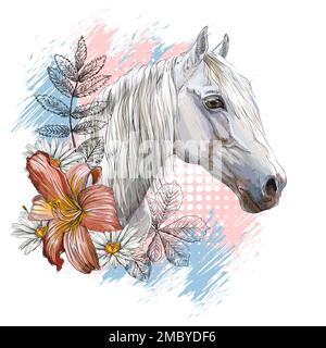 Porträt eines weißen Pferdes, Lilienblüten und Blätter. Handgezeichneter Aufdruck. Vektordarstellung isoliert auf weißem Hintergrund. Für die Zusammensetzung von T-Shirts Stock Vektor