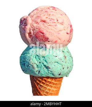 Zwei Kugeln köstliches Eis auf weißem Hintergrund Stockfoto