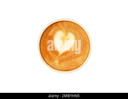 Herzförmiger Latte Art Cappuccino-Kaffee isoliert auf weißem Hintergrund Stockfoto