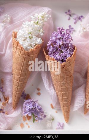 Hübsches und farbenfrohes Flieder in Waferkonus. Schöner Hintergrund für einen Geschenkgutschein. Einzigartiges Blumenarrangements. Stockfoto