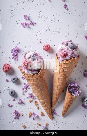 Süßes Eissorbet aus Himbeeren und Blaubeeren. Heidelbeeren und Himbeeren Sorbet Eis. Stockfoto