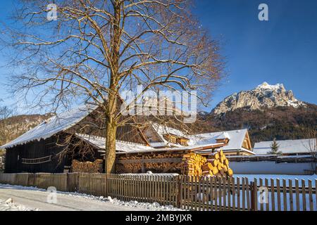 Hölzernes Dorfhaus in einer verschneiten Winterlandschaft mit Bergen im Hintergrund. Das Dorf Stefanova im Nationalpark Mala Fatra in der Slowakei, EU Stockfoto