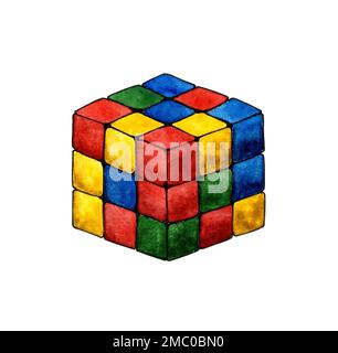 Aquarell farbiger Rubikwürfel Ein magisches Puzzle, das 1974 von Professor Rubik erfunden wurde. Isoliert auf weißem Hintergrund. Von Hand gezeichnet. Stockfoto