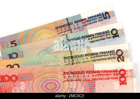 Chinesische Renminbi-Währung, China, Banknoten mit unterschiedlichen Werten, gravierendes Design Stockfoto