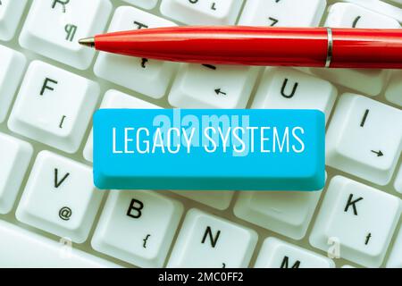 Inspiration für das Vorzeigen von älteren Signage-Systemen. Geschäftsansatz Computersystem oder Anwendungsprogramm mit alter Methodentechnologie Stockfoto