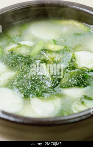 Tteokguk, koreanische Seetang-Fulvescens Reiskuchen-Suppe : Ovalförmiger Reiskuchen, in Brühe gekocht. Ein traditionelles Neujahrsgericht. Klare Rinderbrühe Stockfoto