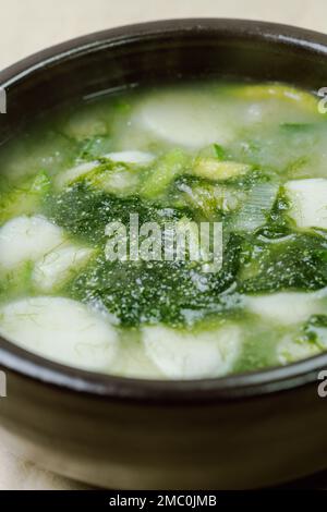 Tteokguk, koreanische Seetang-Fulvescens Reiskuchen-Suppe : Ovalförmiger Reiskuchen, in Brühe gekocht. Ein traditionelles Neujahrsgericht. Klare Rinderbrühe Stockfoto