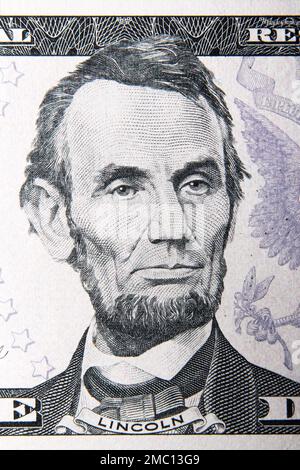 USA, Abraham Lincoln Portrait auf der 5-Dollar-Banknote, Vintage Stockfoto