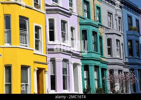 Farbenfrohe Fassaden an der Lancaster Road, Detail, Notting Hill, London, England, Vereinigtes Königreich Stockfoto