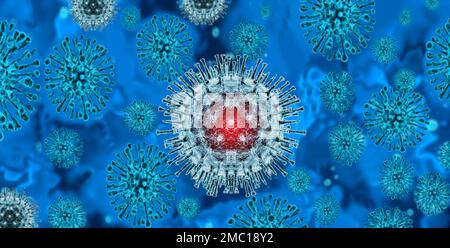 3D Virenhintergrund, Affenpocken-Konzept, Nahaufnahme von Virusmolekülen auf blauem Hintergrund, medizinischer Hintergrund mit Virusmolekülen Stockfoto