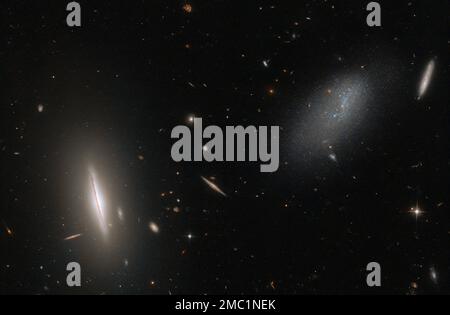 Dieses Bild des NASA/ESA Hubble Space Telescope, das am 9. Januar 2023 veröffentlicht wurde, zeigt die Galaxie LEDA 48062 in der Konstellation Perseus. LEDA 48062 ist die schwache, dünn besiedelte, amorphe Galaxie auf der rechten Seite dieses Bildes und wird von einem stärker definierten Nachbarn auf der linken Seite begleitet, der großen, scheibenartigen Linsengalaxie UGC 8603. Auch der Hintergrund wird durch eine Reihe weiter entfernter Galaxien verstreut, und eine Handvoll Vordergrundsterne sind ebenfalls im gesamten Bild sichtbar. Haben Sie sich je gefragt, warum die Sterne in Hubble-Bildern von vier scharfen Punkten umgeben sind? Diese werden als Diffracti bezeichnet Stockfoto