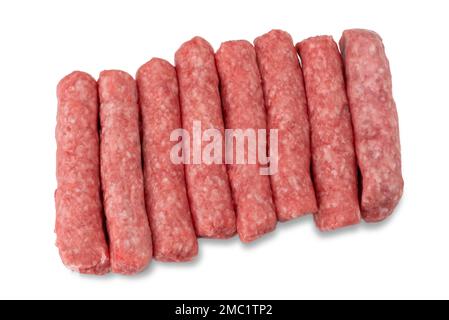 Rohe truthahn- und Schweinefleischwurst, isoliert auf weiß, mit Schnittpfad im Preis inbegriffen Stockfoto