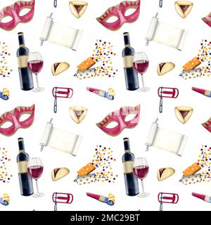 Purim-Symbole nahtloses Muster mit karnevalen Aquarellelementen. Koscherer Wein, Magilat Esther, Masken, Rassisten, Kekse. Stockfoto