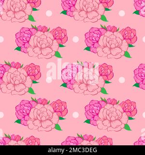 Abstraktes pinkfarbenes Handzeichnen von Rosen Blumen und Blätter nahtloses Vektormuster auf pinkfarbenem Hintergrund. Vintage-Style Stock Vektor