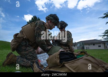 USA Navy Hospital Corpsman 2. Klasse Zachary Faull und Hospital Corpsman Nicholas Towne, beide mit 3D Bataillon, 2D Marines, behandeln einen simulierten Unfall während der Übung Shinka 22,1 im Combined Arms Training Center, Camp Fuji, Japan, 24. Juni 2022. Shinka ist ein Beispiel für ein gemeinsames Engagement für eine realistische Ausbildung, die tödliche, einsatzbereite und anpassungsfähige Kräfte hervorbringt, die in der Lage sind, dezentralisierte Operationen über ein breites Spektrum von Missionen hinweg durchzuführen. 3/2 wird im Indo-Pazifik unter 4. Marines, 3D. Division im Rahmen des Unit Deployment Program eingesetzt. Stockfoto