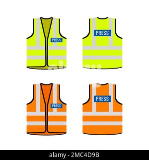 Drucke gelbe Medienjacke Weste Vektor Journalist Modell Reflektor Uniform Illustration Vorlage drücken. Stock Vektor
