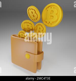 Bitcoin-Geldbörse mit Münzen, Krypto-Währung in der Geldbörse, Bitcoin-Münzen in der Geldbörse, Designkonzept, Bitcoin auf der Münzseite unterschreiben, 3D-Rendering Stockfoto