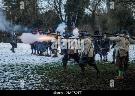 Nantwich Chesthire 21 . Januar 2023 die Schlacht von Nantwich wurde am 25 . Januar 1644 in Cheshirte während des ersten Englischen Bürgerkriegs geführt . Sir Thomas Fairfax, der Befehlshaber einer parlamentarischen Hilfstruppe, besiegte Lord Byron und den Royalisten der Sieg des Parlaments stoppte eine Reihe von Royalistischen Erfolgen in der Gegend und war ein großer Rückschlag für König Charles geplante Militärkampagne für 1644.Paul Quezada-Neiman/Alamy Live News Stockfoto