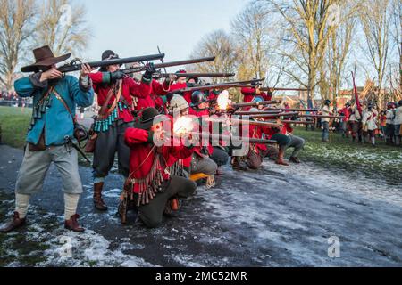 Nantwich Chesthire 21 . Januar 2023 die Schlacht von Nantwich wurde am 25 . Januar 1644 in Cheshirte während des ersten Englischen Bürgerkriegs geführt . Sir Thomas Fairfax, der Befehlshaber einer parlamentarischen Hilfstruppe, besiegte Lord Byron und den Royalisten der Sieg des Parlaments stoppte eine Reihe von Royalistischen Erfolgen in der Gegend und war ein großer Rückschlag für König Charles geplante Militärkampagne für 1644.Paul Quezada-Neiman/Alamy Live News Stockfoto