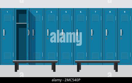 Schule Spind Vektor Tür Highschool Metall Gymnasium. Turnhalle Schließfächer Box Hintergrund Stock Vektor