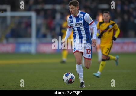 Hartlepool, Großbritannien. 21. Januar 2023. Hartlepool United's Joe Grey während des Spiels der Sky Bet League 2 zwischen Hartlepool United und Rochdale am Samstag, den 21. Januar 2023 im Victoria Park, Hartlepool. (Kredit: Scott Llewellyn | MI News) Kredit: MI News & Sport /Alamy Live News Stockfoto