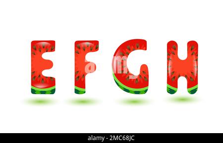 Wassermelonen-Schriftart. Buchstaben E, F, G, H. Cartoon-Fruchtalphabet. Design-Element für den Sommer. Handgezeichnete Kinderbriefe. Stock Vektor