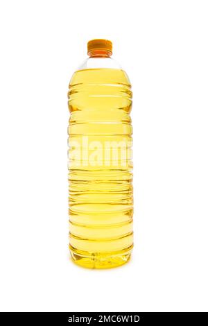 Öl in Kunststoff Flasche auf weißem Hintergrund Stockfoto