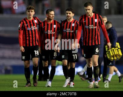 (Von links nach rechts) nach dem Sky Bet Championship-Spiel in St. sind Ryan Ledson, Alan Browne, Robbie Brady und Liam Lindsay von Preston North End in Vollzeit Andrew's, Birmingham. Foto: Samstag, 21. Januar 2023. Stockfoto