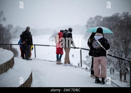 München, Deutschland. 21. Januar 2023. Familien genießen den Tag und gehen am 21. Januar 2023 im Englischen Garten in München Schlittenfahren. (Foto: Alexander Pohl/Sipa USA) Guthaben: SIPA USA/Alamy Live News Stockfoto