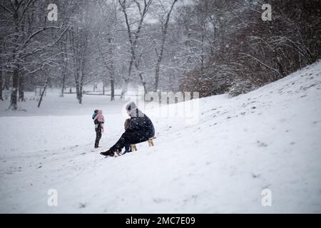 München, Deutschland. 21. Januar 2023. Familien genießen den Tag und gehen am 21. Januar 2023 im Englischen Garten in München Schlittenfahren. (Foto: Alexander Pohl/Sipa USA) Guthaben: SIPA USA/Alamy Live News Stockfoto