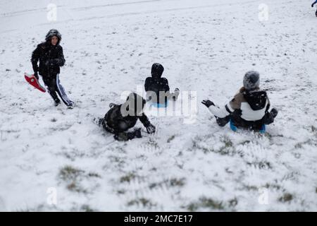 München, Deutschland. 21. Januar 2023. Familien genießen den Tag und gehen am 21. Januar 2023 im Englischen Garten in München Schlittenfahren. (Foto: Alexander Pohl/Sipa USA) Guthaben: SIPA USA/Alamy Live News Stockfoto