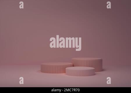 Abstrakter Hintergrund, Modellszene mit strukturierten beigen Zylinderpodien auf beigefarbenem Hintergrund. 3D-Rendering. Stockfoto