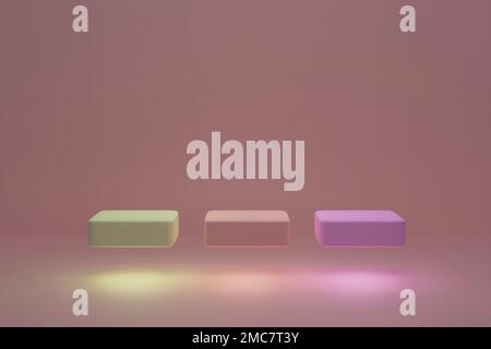 Abstrakter Hintergrund, Modellszene mit beige-rosa, gelb und lila schwebenden Würfelpodien auf beige-rosa Hintergrund. 3D-Rendering. Stockfoto