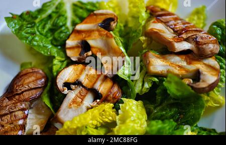 Nahaufnahme von gegrillten Pilzen und frischem grünen Salat. Stockfoto