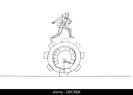 Cartoon einer Geschäftsfrau, die auf Zahnradbahn läuft, Metapher von Produktivität und Motivation. Strichgrafik-Stil Stock Vektor