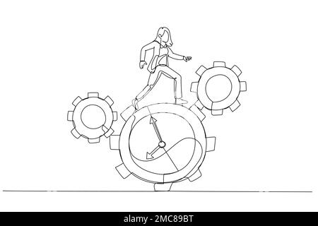 Die Zeichnung einer Geschäftsfrau, die mit einem Uhrenkonzept des Zeitmanagements herumläuft. Einzeiliger Kunststil Stock Vektor