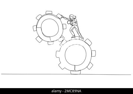 Illustration einer Geschäftsfrau, die eine Führungskraft mit einer Lupe betreibt Analyse der Zahnräder Problemkonzepte Problemlösung. Einzeiliger Kunststil Stock Vektor