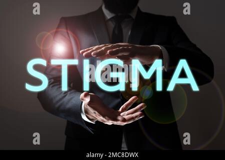 Handschriftlicher Text Stigma. Internet-Konzept Gefühl der Missbilligung, das die meisten Menschen in der Gesellschaft haben Stockfoto