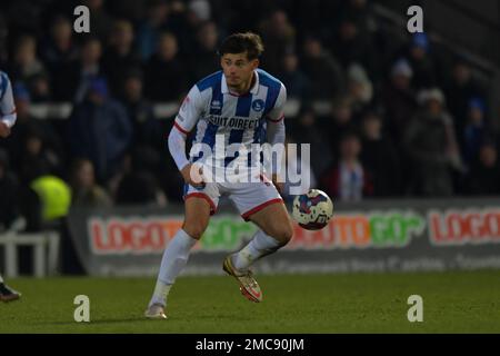 Hartlepool, Großbritannien. 21. Januar 2023. EDON PRUTI von Hartlepool United während des Spiels der Sky Bet League 2 zwischen Hartlepool United und Rochdale im Victoria Park, Hartlepool, am Samstag, den 21. Januar 2023. (Kredit: Scott Llewellyn | MI News) Kredit: MI News & Sport /Alamy Live News Stockfoto