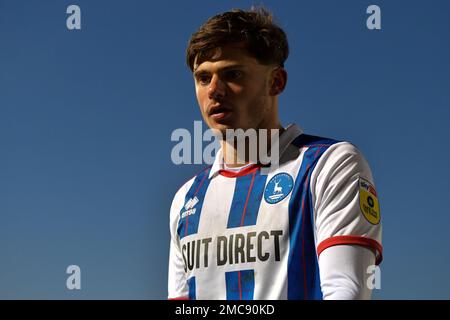 Hartlepool, Großbritannien. 21. Januar 2023. Edon Pruti von Hartlepool United während des Spiels der Sky Bet League 2 zwischen Hartlepool United und Rochdale im Victoria Park, Hartlepool, am Samstag, den 21. Januar 2023. (Kredit: Scott Llewellyn | MI News) Kredit: MI News & Sport /Alamy Live News Stockfoto