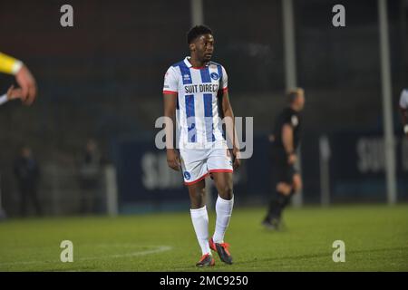 Hartlepool, Großbritannien. 21. Januar 2023. Mouhamed Niang von Hartlepool United während des Spiels der Sky Bet League 2 zwischen Hartlepool United und Rochdale im Victoria Park, Hartlepool, am Samstag, den 21. Januar 2023. (Kredit: Scott Llewellyn | MI News) Kredit: MI News & Sport /Alamy Live News Stockfoto