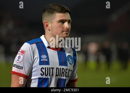 Hartlepool, Großbritannien. 21. Januar 2023. Jake Hastie von Hartlepool United während des Spiels der Sky Bet League 2 zwischen Hartlepool United und Rochdale am Samstag, den 21. Januar 2023 im Victoria Park in Hartlepool. (Kredit: Scott Llewellyn | MI News) Kredit: MI News & Sport /Alamy Live News Stockfoto