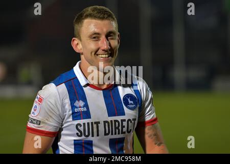 Hartlepool, Großbritannien. 21. Januar 2023. David Ferguson von Hartlepool United während des Spiels der Sky Bet League 2 zwischen Hartlepool United und Rochdale am Samstag, den 21. Januar 2023 im Victoria Park in Hartlepool. (Kredit: Scott Llewellyn | MI News) Kredit: MI News & Sport /Alamy Live News Stockfoto