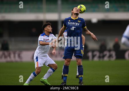 Mailand Djuric (Hellas Verona)Valentin Gendrey (Lecce) beim Spiel der italienischen Serie A zwischen Hellas Verona 2-0 Lecce im Stadion Marcantonio Bentegodi am 21. Januar 2023 in Verona, Italien. Kredit: Maurizio Borsari/AFLO/Alamy Live News Stockfoto