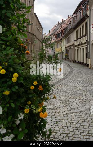 STOLPEN, DEUTSCHLAND - 28. AUGUST 2022: Straßen einer alten historischen Stadt. Sachsen. Stockfoto